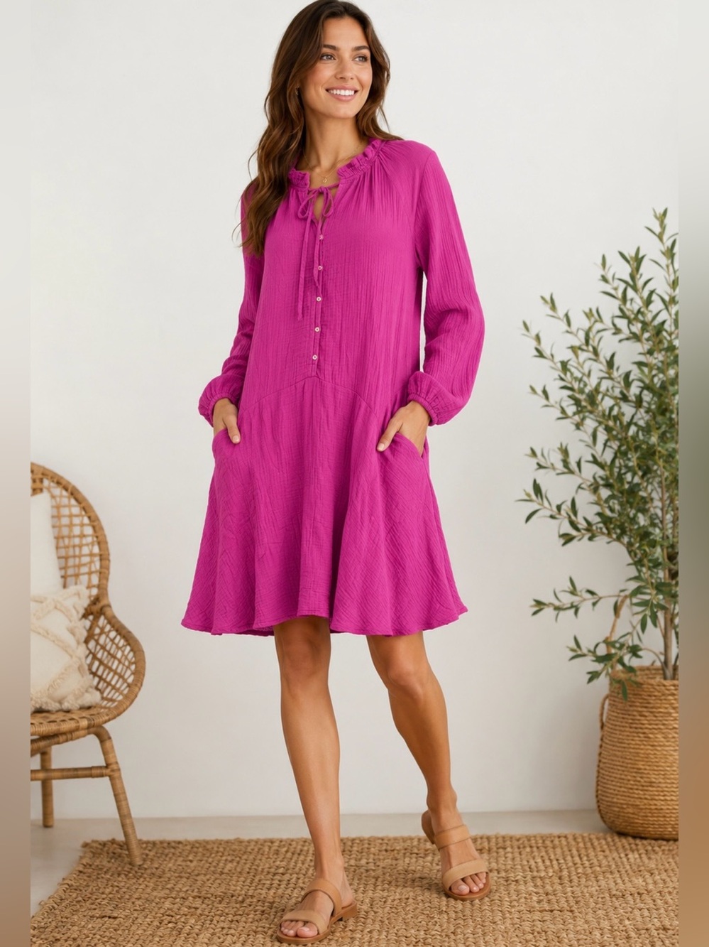 Magaschoni Organic Cotton Double Gauze Dress S Pink Boho Cottagecore Pockets